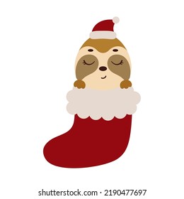 Cute little sloth in Christmas sock. Cartoon animal character for kids cards, baby shower, invitation, poster, t-shirt composition, house interior. Vector stock illustration.