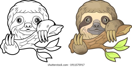 cute little sloth, coloring book, funny illustration