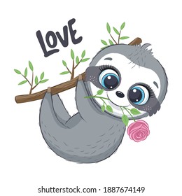 Cute little sloth with flower. Happy Valentine's day clipart.