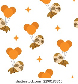 Cute little sloth flying on balloons seamless childish pattern. Funny cartoon animal character for fabric, wrapping, textile, wallpaper, apparel. Vector illustration
