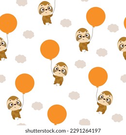 Cute little sloth flying on balloon seamless childish pattern. Funny cartoon animal character for fabric, wrapping, textile, wallpaper, apparel. Vector illustration
