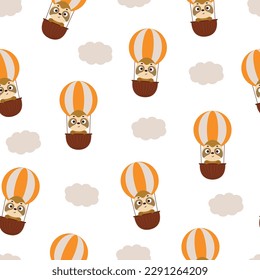 Cute little sloth flying on hot air balloon seamless childish pattern. Funny cartoon animal character for fabric, wrapping, textile, wallpaper, apparel. Vector illustration