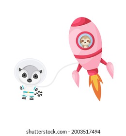 Cute little sloth flying in pink rocket. Cartoon lemur character in space costume with rocket on white background. Design for baby shower, invitation card, wall decor. Vector illustration