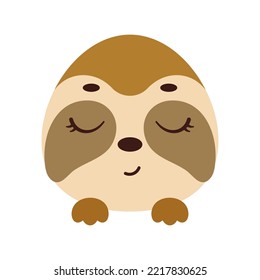 Cute little sloth head with closed eyes. Cartoon animal character for kids t-shirts, nursery decoration, baby shower, greeting card, invitation, house interior. Vector stock illustration