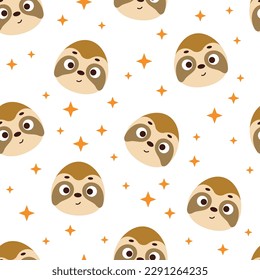 Cute little sloth head seamless childish pattern. Funny cartoon animal character for fabric, wrapping, textile, wallpaper, apparel. Vector illustration