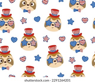 Cute little sloth head in USA patriotic hat seamless childish pattern. Funny cartoon animal character for fabric, wrapping, textile, wallpaper, apparel. Vector illustration