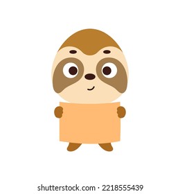 Cute little sloth holding paper sheet on white background. Cartoon animal character for kids t-shirt, nursery decoration, baby shower, greeting card, house interior. Vector stock illustration