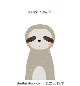 Cute little sloth. Kids fashion print. Vector hand drawn illustration.