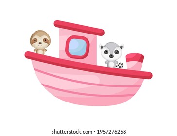 Cute little sloth and lemur sailing on pink ship. Cartoon character for childrens book, album, baby shower, greeting card, party invitation, house interior. Vector stock illustration.