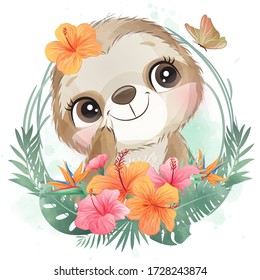 Cute little sloth portrait with floral