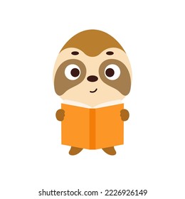Cute little sloth reading book on white background. Cartoon animal character for kids t-shirt, nursery decoration, baby shower, greeting card, house interior. Vector stock illustration
