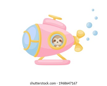 Cute little sloth sail on pink submarine. Cartoon character for childrens book, album, baby shower, greeting card, party invitation, house interior. Vector stock illustration.