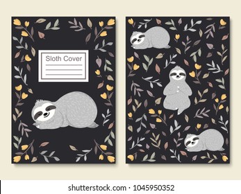 Cute little sloth sleeping among flowers and leaves. Set of cover, cards, poster, brochure templates with funny baby sloths relaxing in the forest. Adorable animal design. Vector illustration