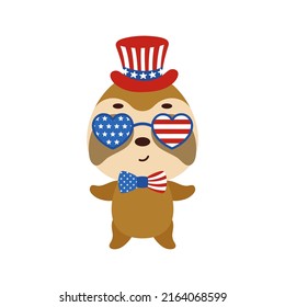 Cute little sloth in USA patriotic hat and glasses. Cartoon animal character for kids t-shirt, decoration, baby shower, greeting card, invitation, house interior. Vector stock illustration