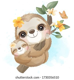 Cute little sloth with watercolor effect