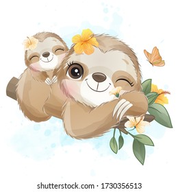 Cute little sloth with watercolor effect