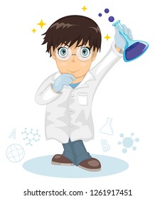 Cute little smart boy. The boy scientist. Little boy holding a test tube, holds a chemical experiment. Cartoon character. Kid boy wearing a white lab gown. Professor made a scientific discovery.