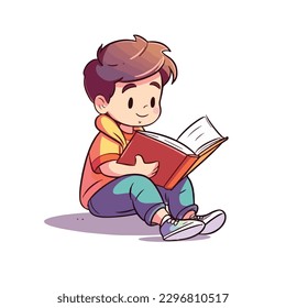 Cute little smart boy sitting and reading book cartoon flat character vector illustration