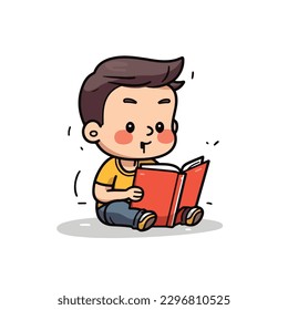 Cute little smart boy sitting and reading book cartoon flat character vector illustration
