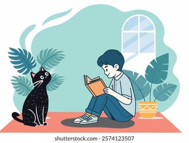 Cute little smart boy sitting, relaxing and enjoying reading books. and opposite black cat looking at boy. Cartoon style flat character vector illustration