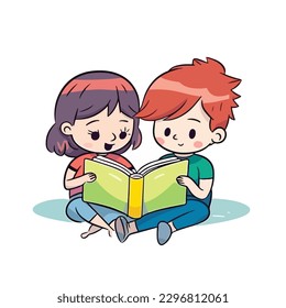 Cute little smart girl and boy sitting and reading book together cartoon flat character vector illustration