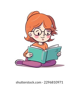 Cute little smart girl sitting and reading book cartoon flat character vector illustration