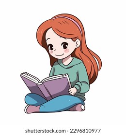 Cute little smart girl sitting and reading book cartoon flat character vector illustration