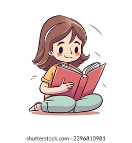 Cute little smart girl sitting and reading book cartoon flat character vector illustration