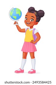 Cute little smiling African American school girl holding a globe. Cartoon vector illustration isolated on white background.