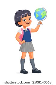 Cute little smiling Asian girl in school uniform holding a globe. Cartoon vector illustration isolated on white background.