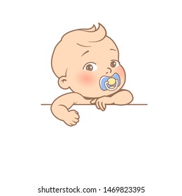 Cute little smiling baby with blank text element in hands. Template for logotype design. Baby boy with pacifier. Toddler portrait. Cute little baby boy with banner. Vector color illustration.