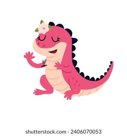 Cute little smiling baby lizard in witch hat holding magic wand. Vector illustration.