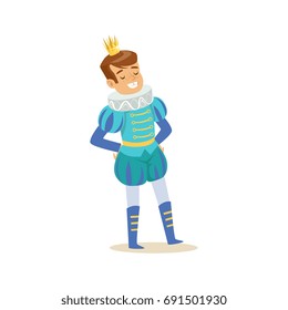 Cute little smiling boy wearing a blue prince costume, fairytale costume for party or holiday vector Illustration