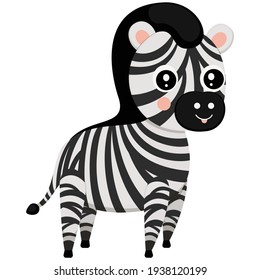 Cute little smiling cartoon zebra isolated on white background. African striped horse for children`s print and graphic design. Vector.