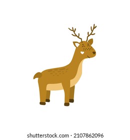 Cute Little Smiling Deer With Horns Isolated On White. Wild Animal Kid Flat Vector Illustration. Hand Drawn Cartoon Stag Design Element