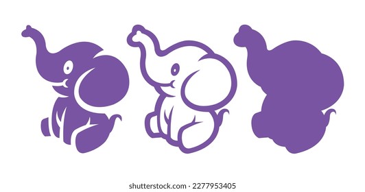 Cute Little Smiling Elephants Vector Icon Symbol Template. Baby Elephants Illustration