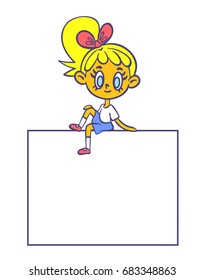 Cute little smiling friendly cartoon girl sitting on a square frame with text space on white background. Adorable female chibi character. Smiling curious sporty mascot. Comics personage. Small doll.