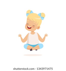 Cute Little Smiling Girl Sitting in Lotus Position and Meditating Vector Illustration