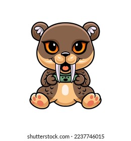 Cute little smilodon cartoon holding food bowl