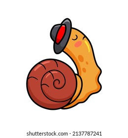 Cute little snail cartoon wearing black hat