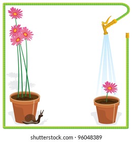 Cute little snail and flower pots with pink daisies and a watering hose makes a frame for this elegant yet fun garden party invitation. Great for a Bridal Shower or luncheon.