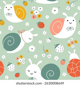 Cute little snails and strawberries. Summer seamless vector pattern with funny garden slugs, flowers and berries for children's textiles and wrapping paper