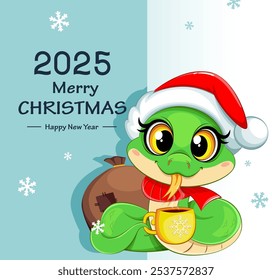 Cute little snake with a cup of coffee. Funny cartoon character. 2025 - year of the Snake