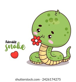 Cute little snake with flower. Funny kawaii cartoon character. Vector illustration. Children's collection