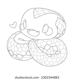 Cute little snake with a kind smiling face and big eyes. Vector pet illustration drawn in a simple graphic outline style. Coloring book page design