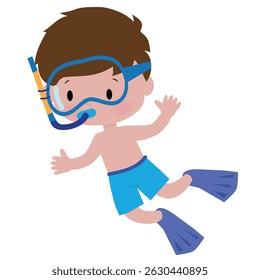 Cute little snorkeling boy vector cartoon illustration
