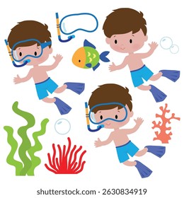 Cute little snorkeling boy vector cartoon illustration