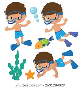 Cute little snorkeling boy vector cartoon illustration