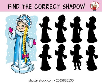 Cute little snow maiden. Snegurochka. Find the correct shadow. Educational matching game for children. Cartoon vector illustration