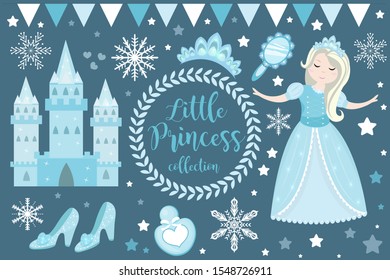 Cute little snow princess, cold queen objects set. Winter Collection design element with pretty girl, ice castle, mirror, crown, accessories. Kids baby clip art funny smiling character. Vector